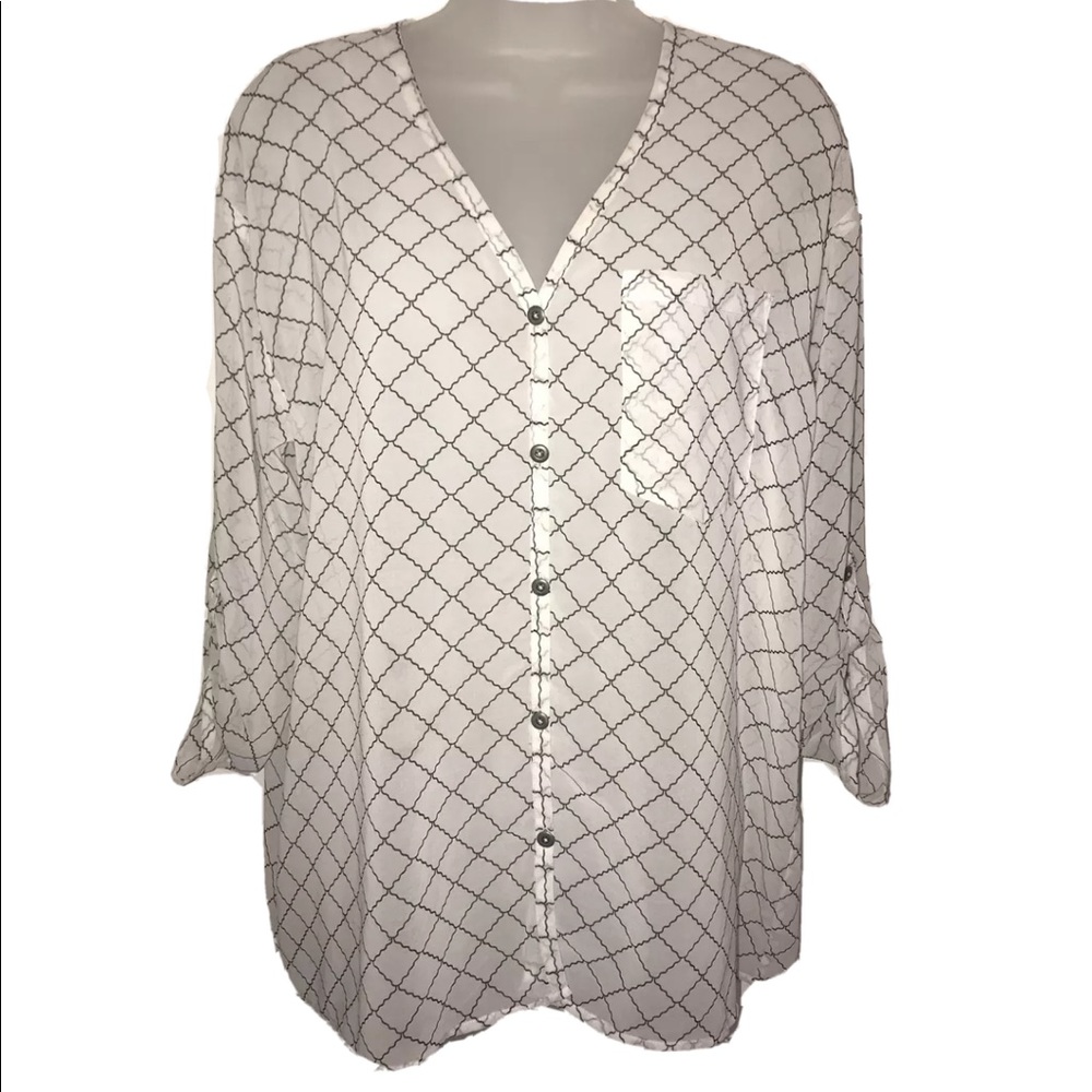 CAbi white and black print sheer blouse.